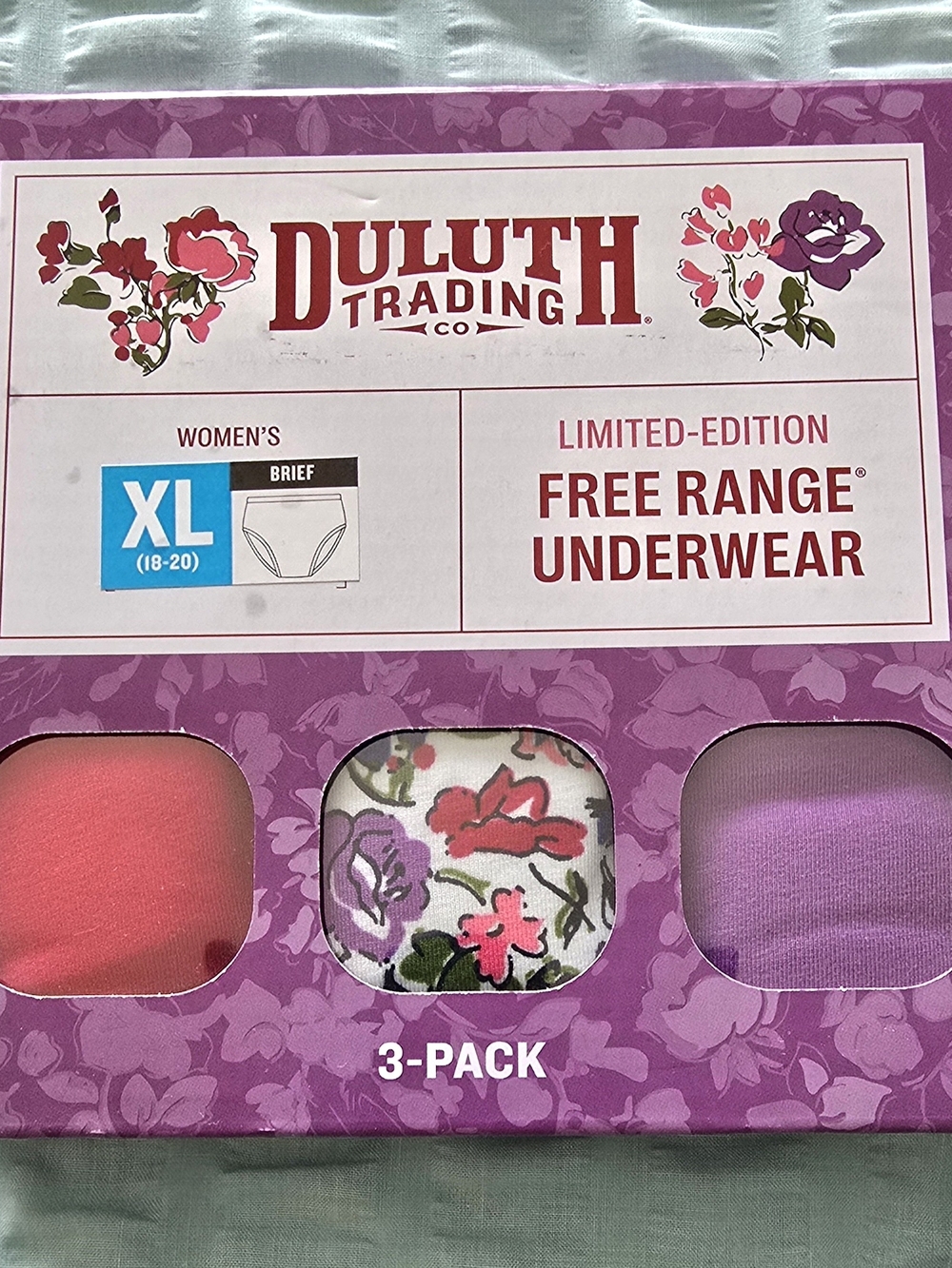 Duluth Women 3-Pack Briefs - Dark Pink, Floral on Light Blue, Purple - XL 18/20